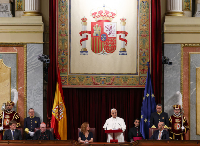 Discorso di Leone XIV al Congresso dei deputati, Madrid (Pool Photo via AP via LaPresse)