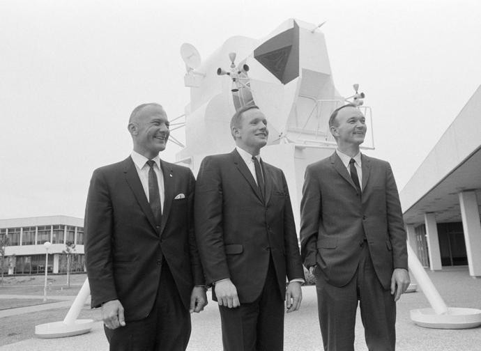 Da sin.: Buzz Aldrin, Neil Armstrong e Michael Collins, l'equipaggio dell'Apollo 11 che portò il primo uomo sulla luna