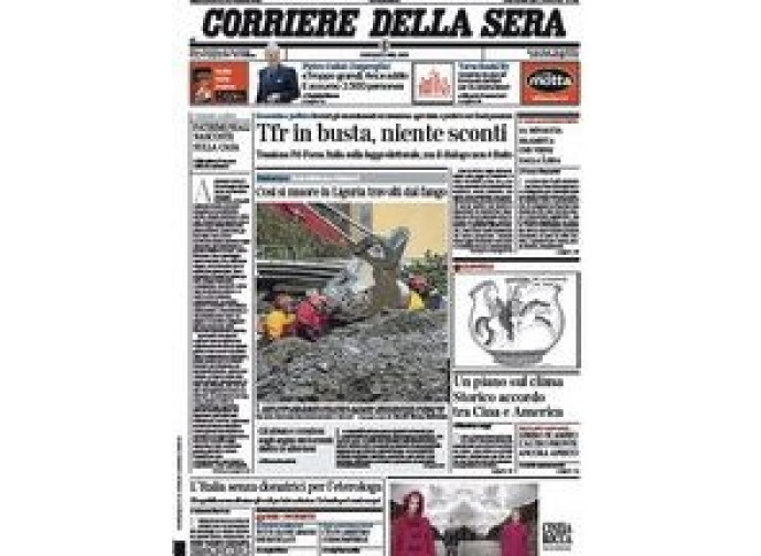 La prima pagina del Corriere della Sera