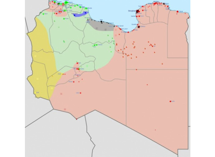 Guerra Civile Libica (in verde le aree islamiste, in rosso quelle di Tobruk, in nero il Califfato)