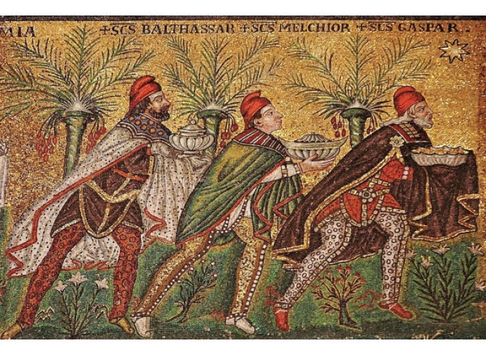 L'adorazione dei Magi, mosaico epoca bizantina, Sant'Apollinare Nuovo, Ravenna.   