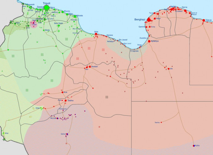 Libia, come è attualmente divisa (verde GNA, rosso LNA)