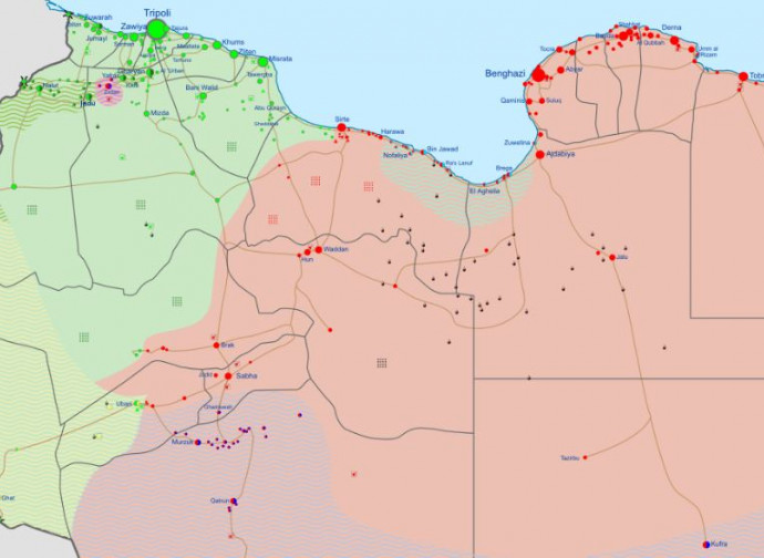 Libia, in verde il territorio del GNA, in rosso quello del LNA
