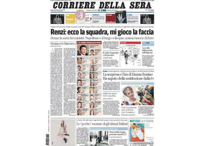 Corriere della Sera, la prima pagina del governo Renzi