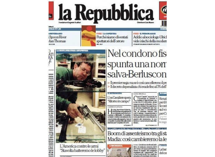 La prima pagina del giornale La Repubblica